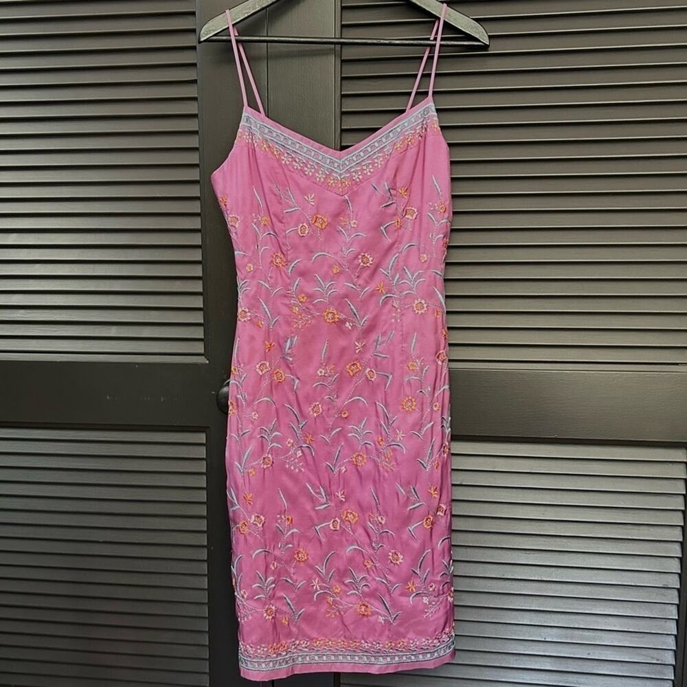 Vintage La Galleria La Rue Purple Silk Dress, Embroidered Flowers, Size Small